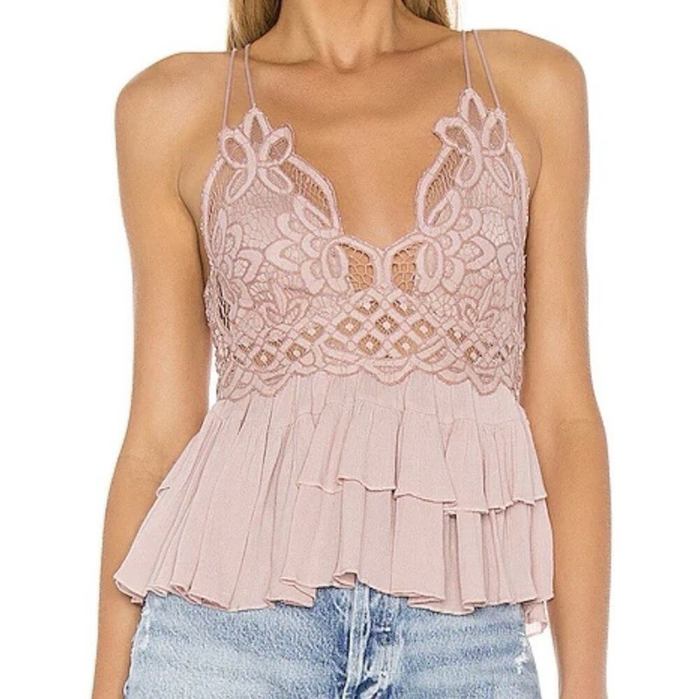 Free People Adella Cami Pink Mauve Boho Chic Lace Top Strappy BlouseXS FP One